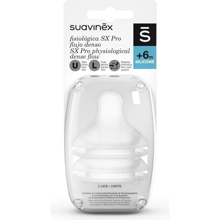 Suavinex, SX Pro Physiologische Sauger, 2 Stück, aus Silikon, dichter Fluss für Papier, 6 Monate, mit Anti-Kolik-System, 2 Stück