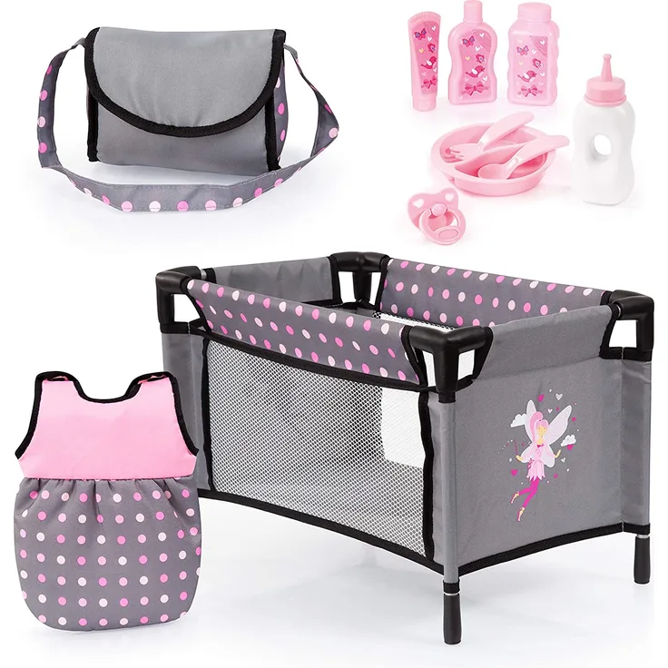 Bayer Design 61766AB Puppenzubehör, 11 in 1 Pflegeset, Großes Zubehörset für Babypuppen inkl. Tasche, Reisebett, Schlafsack und Pflegezubehör, grau, pink, gepunktet mit Fee - Preisvergleich