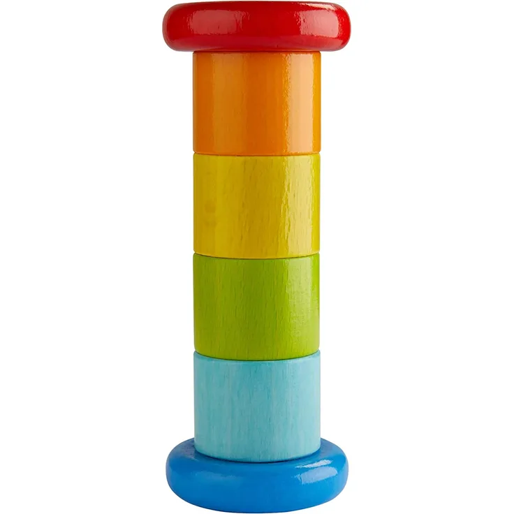 HABA 304817 - Regenmacher Farbenfroh, Baby-Spielzeug mit Rassel-Effekt in Regenbogenfarben, Holzspielzeug ab 6 Monaten