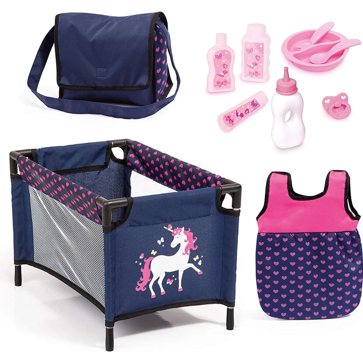 Bayer Design 61754AC Puppenzubehör, 11 in 1 Pflegeset, Großes Zubehörset für Babypuppen inkl. Tasche, Reisebett, Schlafsack und Pflegezubehör, blau, pink mit Einhorn - Preisvergleich – Bild 1