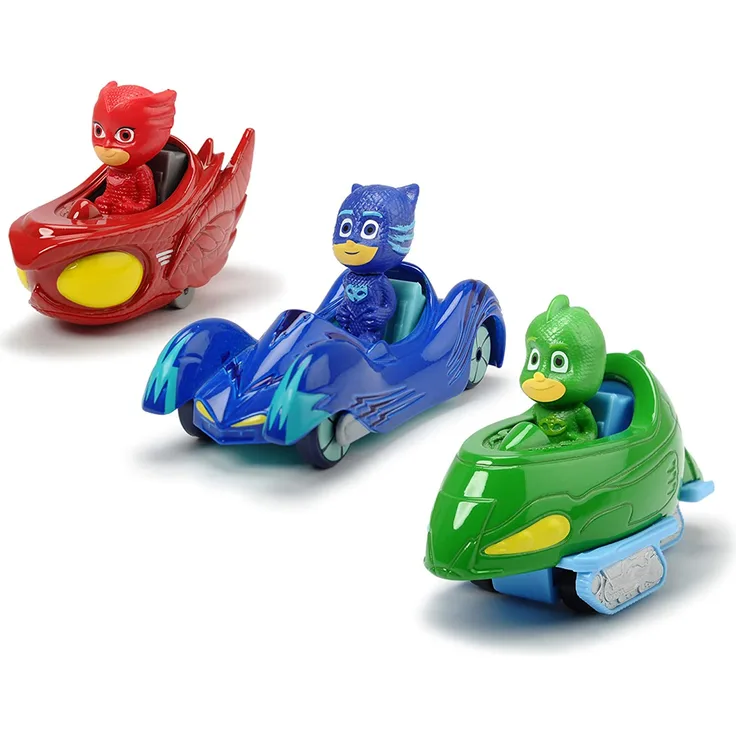 Dickie Toys PJ Masks 3-Pack Set Cars, Auto, Geschenkset bestehend aus: Cat-Car, Owl-Glider und Gekko-Mobil, 7 cm, ab 3 Jahren
