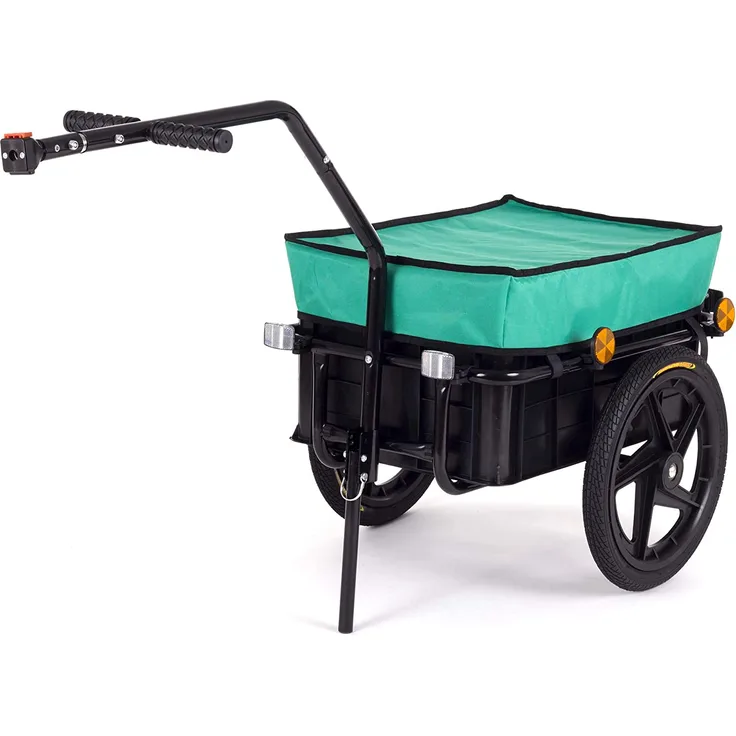 SAMAX Transportanhänger Fahrradanhänger Lastenanhänger Fahrrad Anhänger Handwagen mit Kunststoffwanne für 60 Kg / 70 Liter in Grün