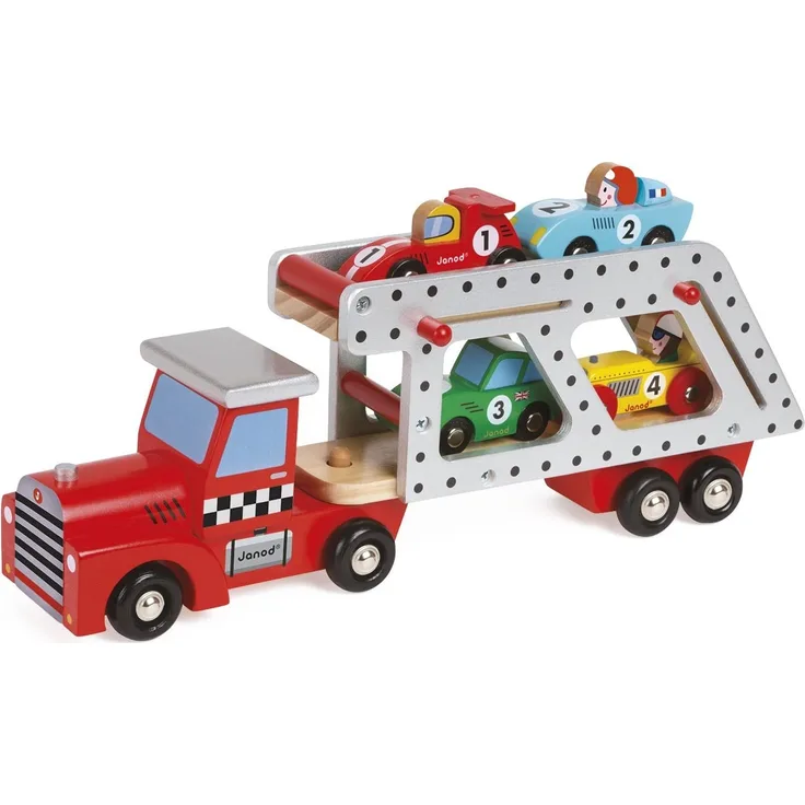 Janod J08572 - Story Auto-Transporter Holz (Mit vier Holz-Rennwagen)