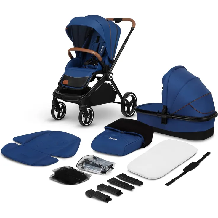 LIONELO Mika 2in1 Kombikinderwagen. Babywanne, Kinderwagen, Buggy. Regenschutz, Schultergurt zum Transport, Matratze, Moskitonetz, Fußabdeckung, wasserdichtes Material, Gummiräder (BLUE NAVY)