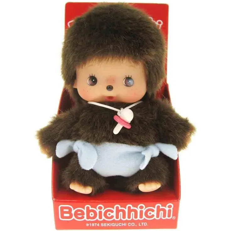 Sekiguchi 235370 - Original Bebichhichi Junge, aus braunem Plüsch, mit blauer Windel, ca. 15 cm