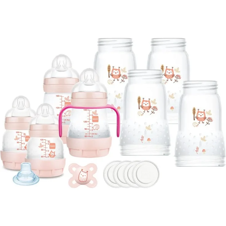 MAM Easy Start Babyflaschen-Set, Anti-Kolik, 8 Flaschen in den Größen 130 ml, 160 ml und 260 ml, 1 Start Nano, 4 Dichtungsscheiben, 1 extra weicher Auslauf und Griffen, Farbe Rosa, 730 g