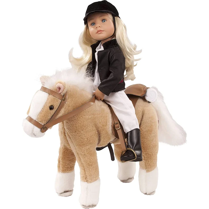 Götz 3401926 Haflinger Fritz Pferde-Puppe (Stockmaß 27 cm) - 33 cm hohes, biegsames Plüschpferd für Stehpuppen - mit Sattel, Zaumzeug und Picknickdecke – Bild 3