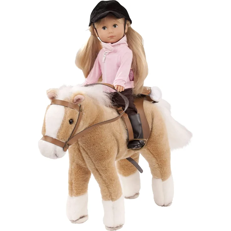 Götz 3401926 Haflinger Fritz Pferde-Puppe (Stockmaß 27 cm) - 33 cm hohes, biegsames Plüschpferd für Stehpuppen - mit Sattel, Zaumzeug und Picknickdecke – Bild 4