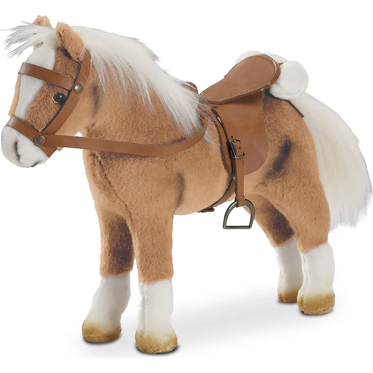Götz 3401926 Haflinger Fritz Pferde-Puppe (Stockmaß 27 cm) - 33 cm hohes, biegsames Plüschpferd für Stehpuppen - mit Sattel, Zaumzeug und Picknickdecke