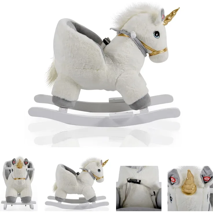 Moni Plüsch Einhorn Schaukeltier Moon WJ-6188, Handgriffe aus Holz Musikfunktion weiß