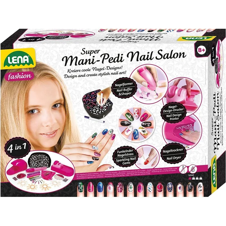 Lena 42654 Super Mani Pedi Nail Salon, 4 in 1 Nagelstudio für Kinderhände, Komplettset zum Verschönern von Fingernägel, Fingernagelsalon für Mädchen ab 8 Jahre, Nagelpflege