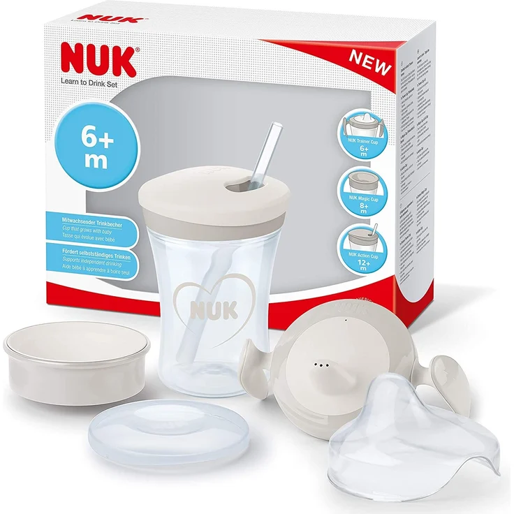 NUK 3-in-1 Trinklernset mit Trainer Cup Schnabeltasse (6+ Monate), Magic Cup 360° Trinklernbecher (8+ M) & Action Cup Trinklernflasche (12+ M) | 230 ml | BPA-frei | Herz (neutral) – Bild 1