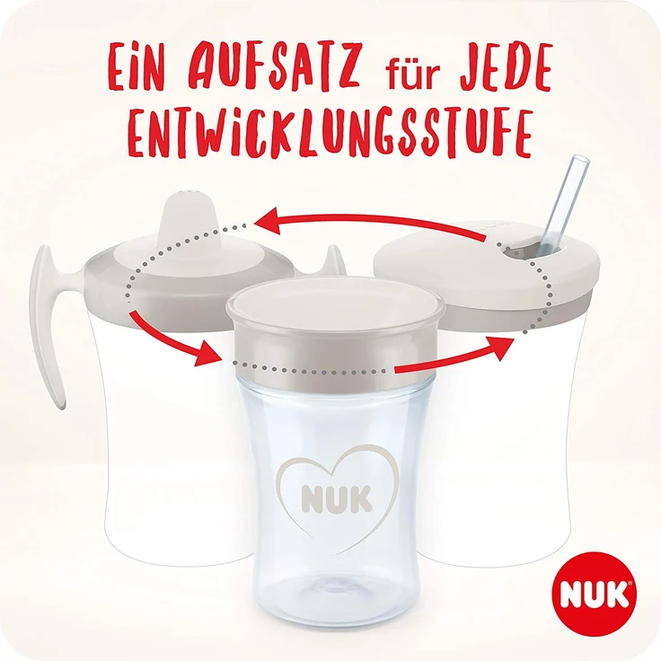 NUK 3-in-1 Trinklernset mit Trainer Cup Schnabeltasse (6+ Monate), Magic Cup 360° Trinklernbecher (8+ M) & Action Cup Trinklernflasche (12+ M) | 230 ml | BPA-frei | Herz (neutral) – Bild 2