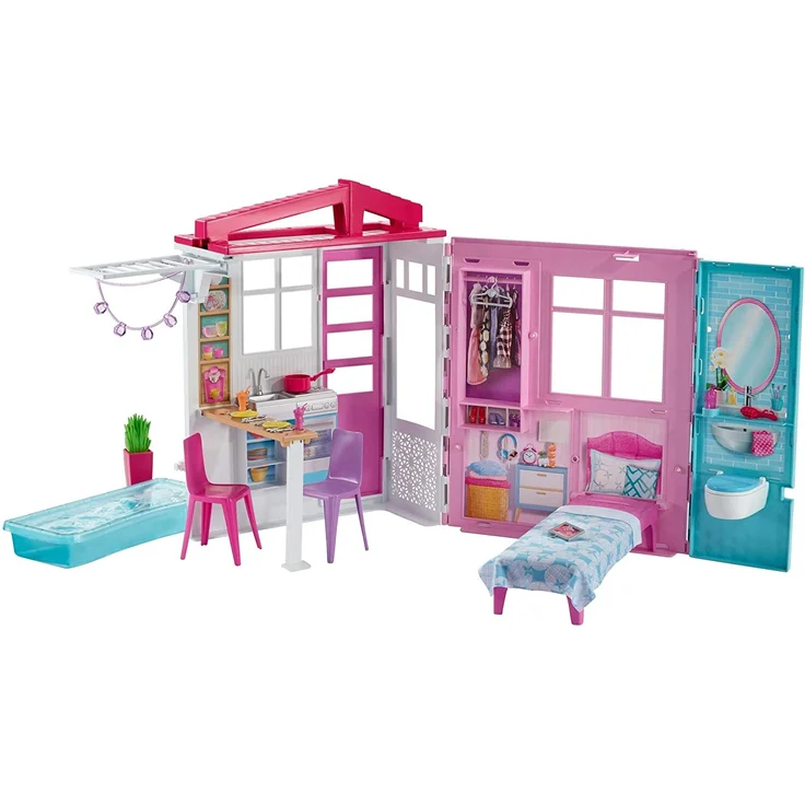Barbie FXG54 - Ferienhaus mit Möbeln und Pool, portables Puppenhaus ca. 46 cm hoch mit Tragegriff, Puppenzubehör Spielzeug ab 3 Jahren – Bild 3