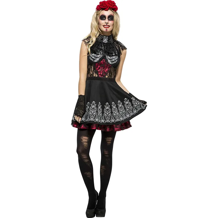 Halloween! Smiffys Fever Tag der Toten Kostüm, mit Kleid, befestigtem Unterrock, Rosen-Kopfschmuck, Schwarz, Größe: 40-42