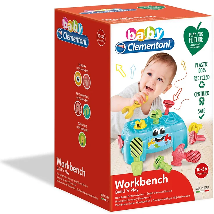 Clementoni 17042 Baby Clementoni - Werkbank,Motorik-Spielzeug aus 100% recyceltem Material zur Entwicklung der Sinne,Werkzeug-Box mit Hammer, Schrauben & Schraubendreher, für Kleinkinder ab 10 Monaten - Preisvergleich – Bild 2