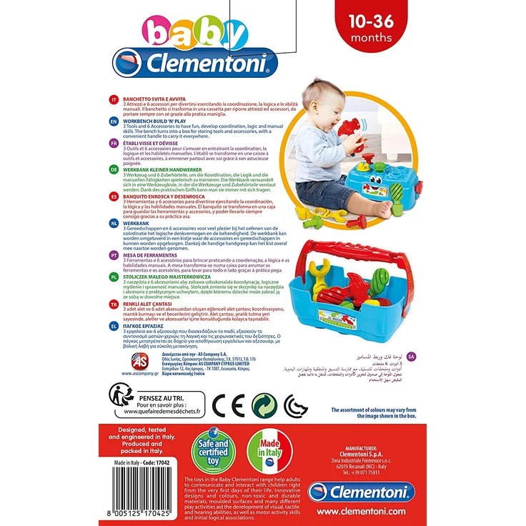 Clementoni 17042 Baby Clementoni - Werkbank,Motorik-Spielzeug aus 100% recyceltem Material zur Entwicklung der Sinne,Werkzeug-Box mit Hammer, Schrauben & Schraubendreher, für Kleinkinder ab 10 Monaten - Preisvergleich – Bild 3