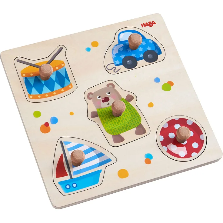 HABA 304608 - Greifpuzzle Spielsachen, 5-teiliges Holzpuzzle mit Spielzeug-Motiven und großen, griffigen Holzknöpfen, Holzspielzeug ab 12 Monaten