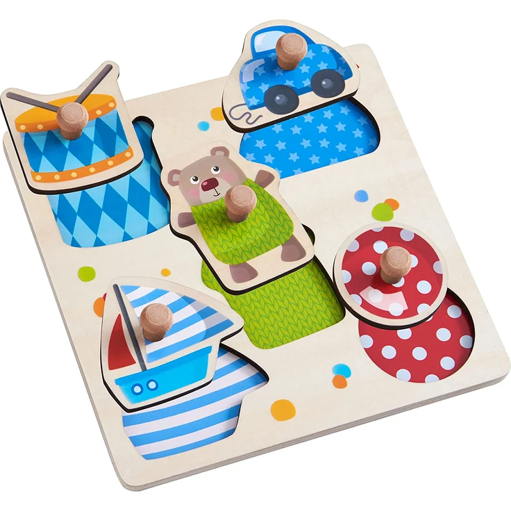 HABA 304608 - Greifpuzzle Spielsachen, 5-teiliges Holzpuzzle mit Spielzeug-Motiven und großen, griffigen Holzknöpfen, Holzspielzeug ab 12 Monaten – Bild 2
