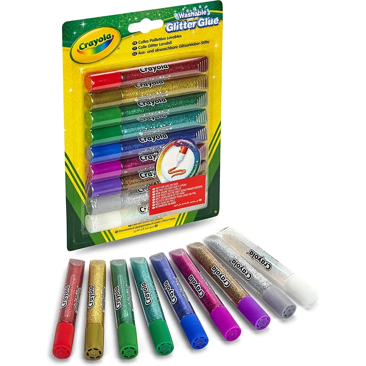 CRAYOLA Abwaschbare Glitzerkleber-Stifte, Klebstoff mit Glitzerpartikel Effekt, 9 Stück, Glitter Bastelbedarf, Glitzer Stifte für Kinder