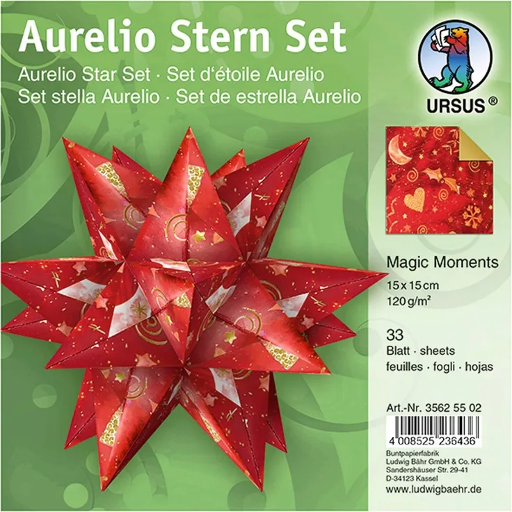 Ursus 35625502 - Faltblätter Aurelio Stern Magic Moments Star Night, rot / gold, 33 Blatt, aus Kreativpapier 120 g/qm, ca. 15 x 15 cm, beidseitig bedruckt, mit Veredelung, ideal als Weihnachtsdeko