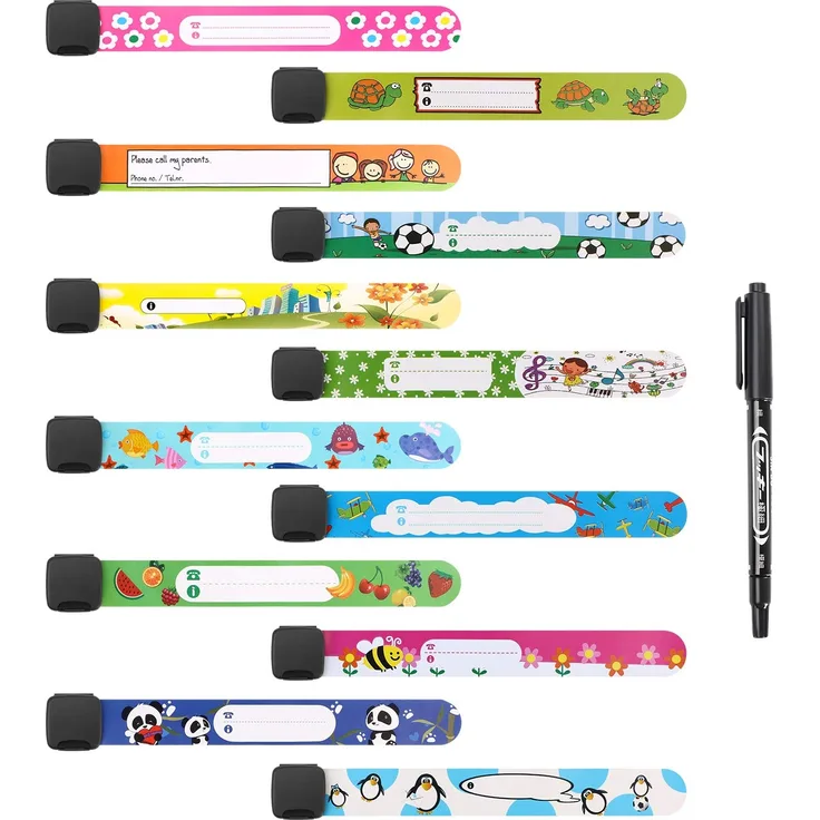 Vicloon Notfall-Armband für Kinder, 12 Stück SOS Armband mit 1 Marker Stift, ID Armband, Kinder Namensarmband Wasserdichtes Wiederverwendbares für Jungen, Mädchen & Kleinkind Baby