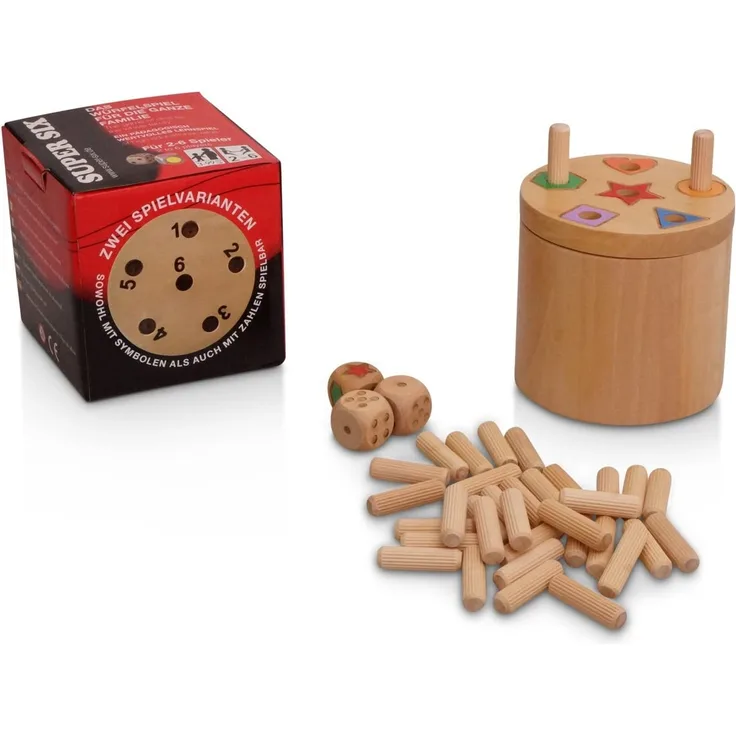 BestSaller 3020 'SUPER SIX' Holz, beidseitig bespielbar, auch für Kinder, 36 Spielstäbchen & 3 Würfel, Natur (1 Stück)