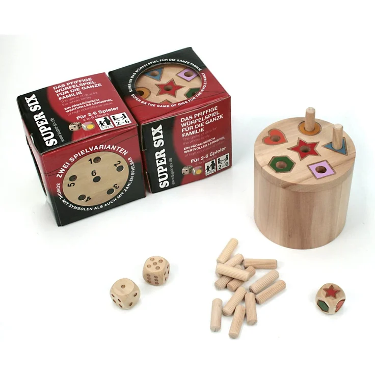 BestSaller 3020 'SUPER SIX' Holz, beidseitig bespielbar, auch für Kinder, 36 Spielstäbchen & 3 Würfel, Natur (1 Stück) – Bild 2