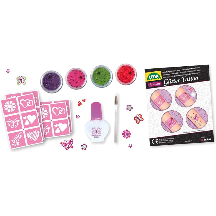 Lena 42440 Fashion Glitter Tattoo, Mode Set zum Stylen und Schmücken mit 4 Glitzerfarben, Pinsel, Latex und zehn Schablonen, abwaschbarer Körperschmuck für Mädchen ab 6 Jahre, Bunt – Bild 2