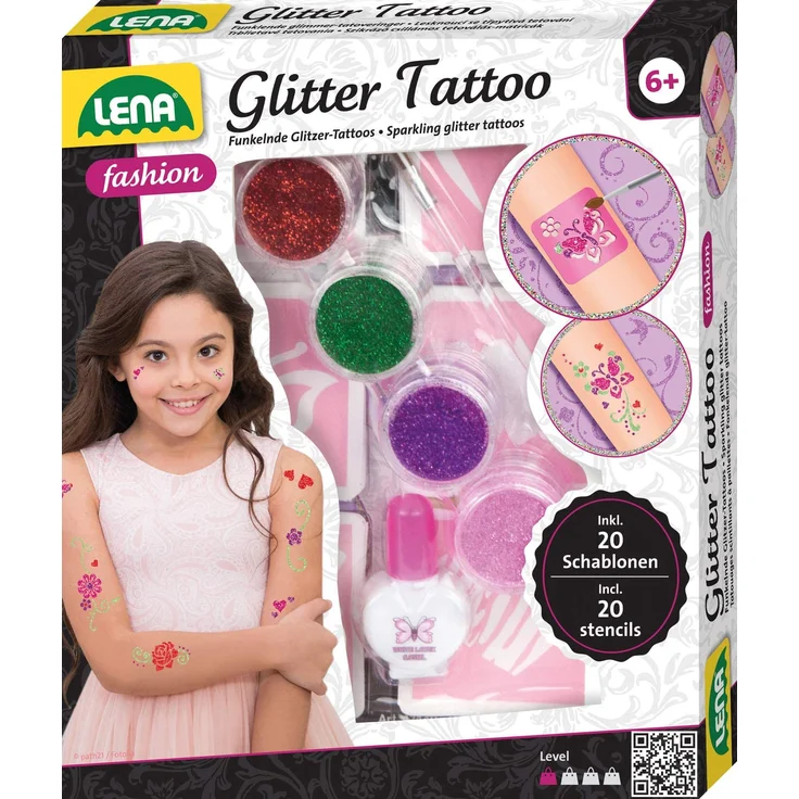 Lena 42440 Fashion Glitter Tattoo, Mode Set zum Stylen und Schmücken mit 4 Glitzerfarben, Pinsel, Latex und zehn Schablonen, abwaschbarer Körperschmuck für Mädchen ab 6 Jahre, Bunt – Bild 1