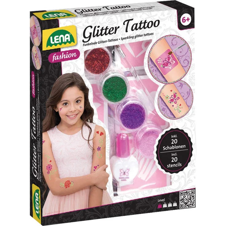 Lena 42440 Fashion Glitter Tattoo, Mode Set zum Stylen und Schmücken mit 4 Glitzerfarben, Pinsel, Latex und zehn Schablonen, abwaschbarer Körperschmuck für Mädchen ab 6 Jahre, Bunt – Bild 5
