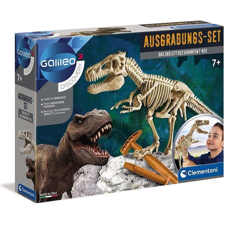 Clementoni 69491 Galileo Science – Ausgrabungs-Set Das Skelett des Giganten T-Rex, Spielzeug für Kinder ab 7 Jahren, Ausgraben von Fossilien mit Hammer & Meißel, für kleine Forscher