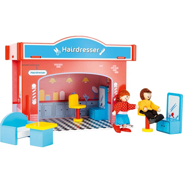small foot 10856 Spielhaus Friseursalon aus Holz, mit 2 Puppenfiguren, Zubehör und abnehmbarem Dach, ab 3 Jahren – Bild 2