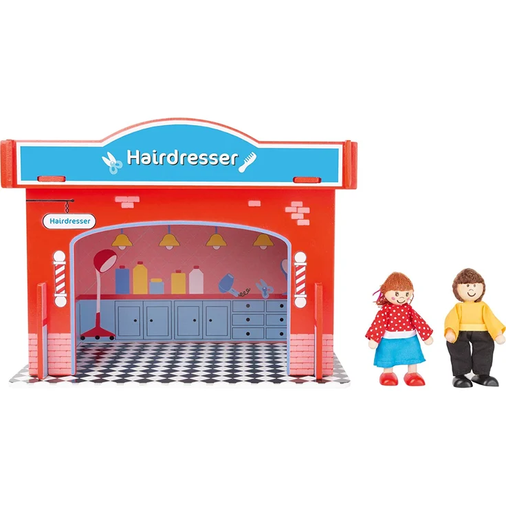small foot 10856 Spielhaus Friseursalon aus Holz, mit 2 Puppenfiguren, Zubehör und abnehmbarem Dach, ab 3 Jahren – Bild 4