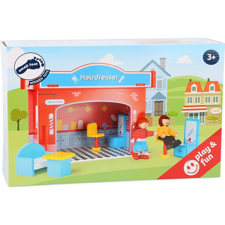 small foot 10856 Spielhaus Friseursalon aus Holz, mit 2 Puppenfiguren, Zubehör und abnehmbarem Dach, ab 3 Jahren – Bild 6