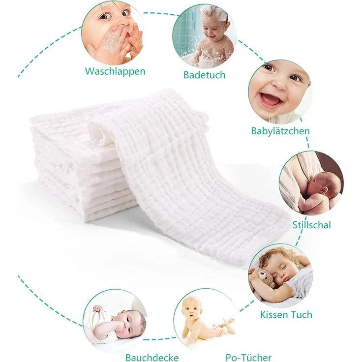 Mullwindeln Spucktücher 10er Stoffwindeln 30x49 cm Mulltücher Saugstark Waschlappen Baumwolle Faltwindeln für Baby Kochfest Premium Qualität Weiß YOOFOSS – Bild 4