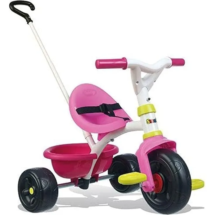 Smoby – Be Fun Dreirad rosa – Kinderdreirad mit Schubstange, Sitz mit Sicherheitsgurt, Metallrahmen, Pedal-Freilauf, für Kinder ab 15 Monaten