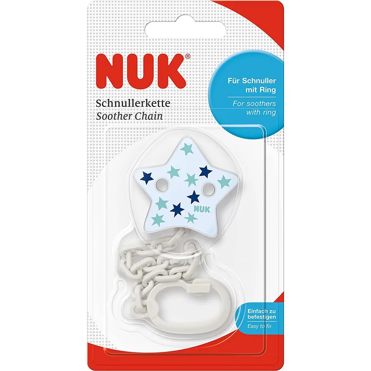 NUK Schnullerkette mit Schnuller-Clip | für Schnuller mit Ring | robust und bruchsicher | blau mit Stern