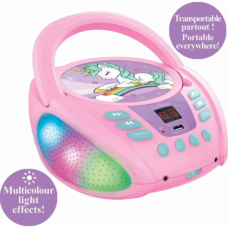 Lexibook RCD109UNI Einhorn-Bluetooth-CD-Player für Kinder-Tragbar, Lichteffekte, Mikrofonbuchse, Aux-In, Akku oder Netz, Mädchen, Jungen, Lila – Bild 3