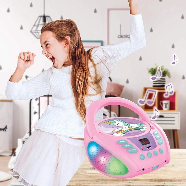 Lexibook RCD109UNI Einhorn-Bluetooth-CD-Player für Kinder-Tragbar, Lichteffekte, Mikrofonbuchse, Aux-In, Akku oder Netz, Mädchen, Jungen, Lila – Bild 9