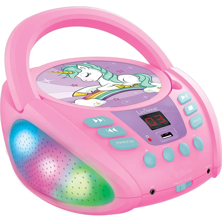 Lexibook RCD109UNI Einhorn-Bluetooth-CD-Player für Kinder-Tragbar, Lichteffekte, Mikrofonbuchse, Aux-In, Akku oder Netz, Mädchen, Jungen, Lila – Bild 1