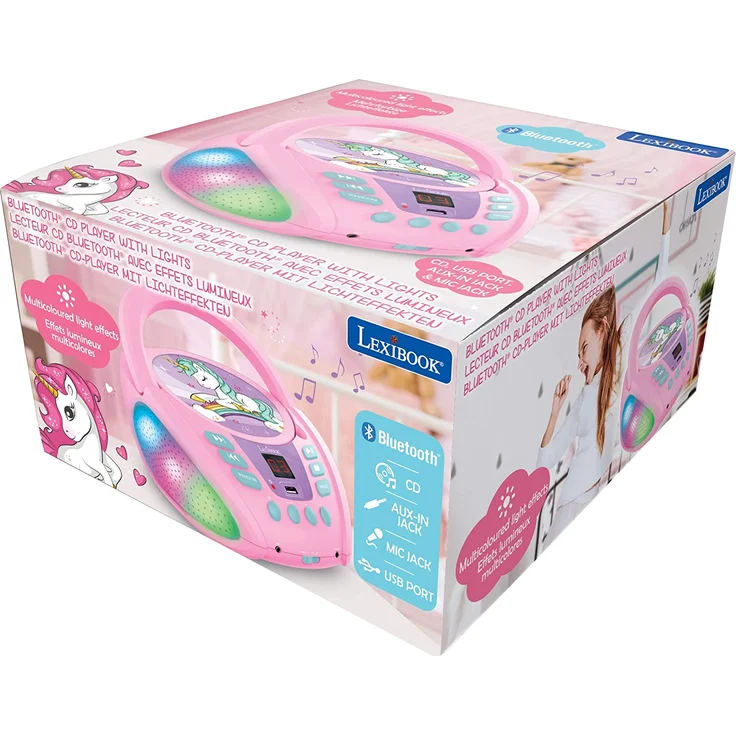 Lexibook RCD109UNI Einhorn-Bluetooth-CD-Player für Kinder-Tragbar, Lichteffekte, Mikrofonbuchse, Aux-In, Akku oder Netz, Mädchen, Jungen, Lila – Bild 7