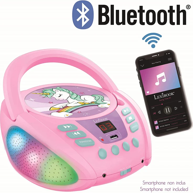 Lexibook RCD109UNI Einhorn-Bluetooth-CD-Player für Kinder-Tragbar, Lichteffekte, Mikrofonbuchse, Aux-In, Akku oder Netz, Mädchen, Jungen, Lila – Bild 5