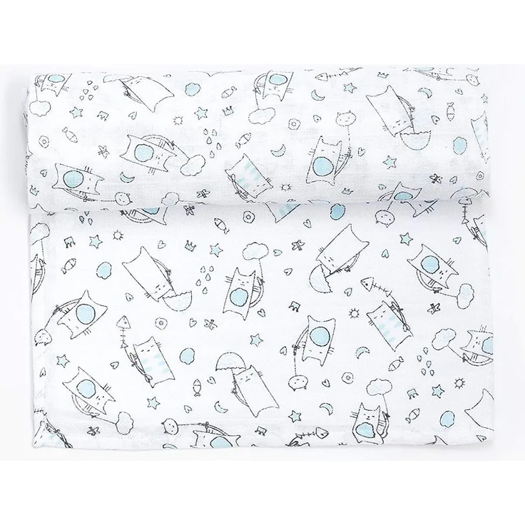 Ti TIN | Baby Musselin, 125x125 cm | Musselin Tuch mit Katzen-Motiv, leichte und weiche Baumwollfaser, Mulltuch vielseitig einsetzbar, als Decke, Halstuch/Dreieckstuch, Spucktuch etc, Farbe: türkisen