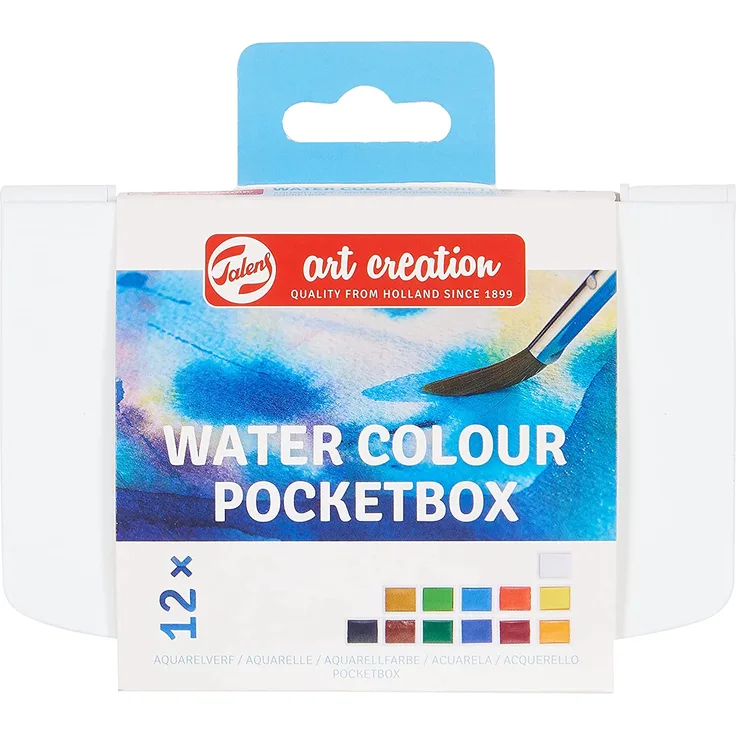 Talens Art Creation Aquarell Pocketbox, Aquarellkasten mit 12 Näpfchen und Pinsel