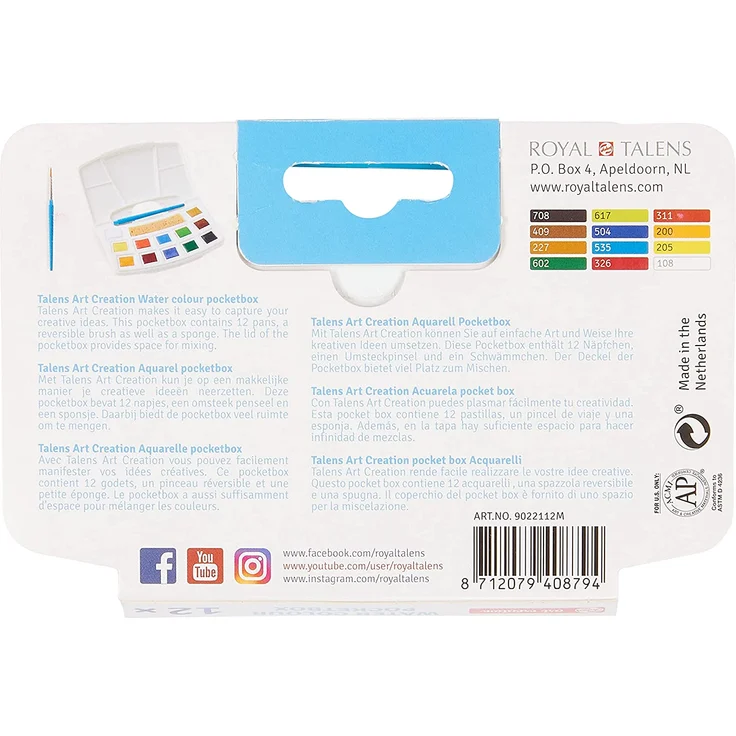 Talens Art Creation Aquarell Pocketbox, Aquarellkasten mit 12 Näpfchen und Pinsel – Bild 2