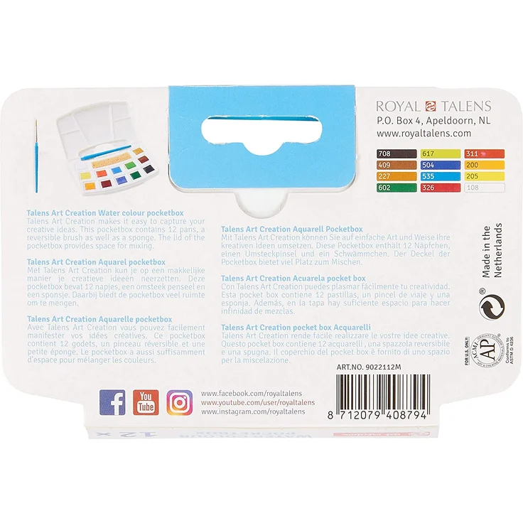 Talens Art Creation Aquarell Pocketbox, Aquarellkasten mit 12 Näpfchen und Pinsel – Bild 3