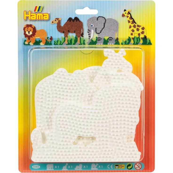 Hama Perlen 4582 Stiftplatten für Midi Perlen, Elefant, Giraffe, Löwe und Kamel