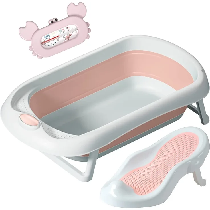 Faltbare Babybadewanne mit Badesitz / Badewanne XXL mit Thermometer zur Kontrolle der Wassertemperatur / 3-Stufen-Badewanne - Ab Geburt bis 3 Jahre