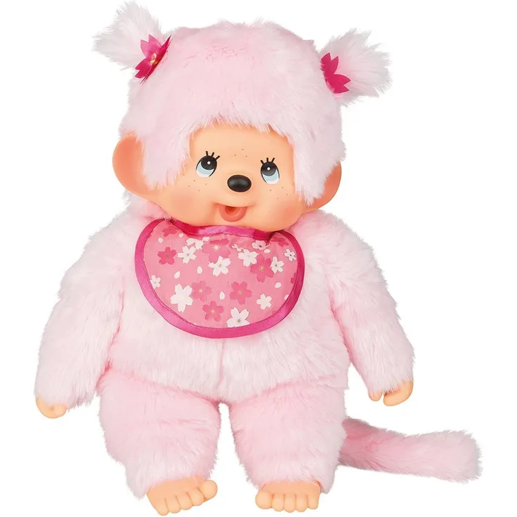 Sekiguchi 242405 - Original Monchhichi Mädchen Kirschblüte, aus rosa Plüsch, mit Lätzchen und Zöpfen mit Blumen, ca. 45 cm